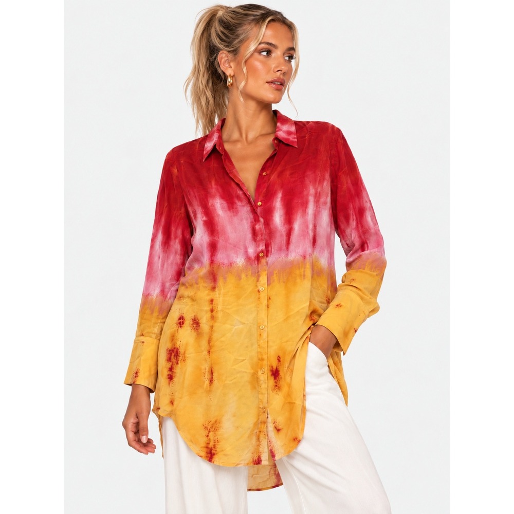 Catherine Gee 100% Silk Tie Dye Ombre Long Sleeve Button Down Blouse Top Tunic S